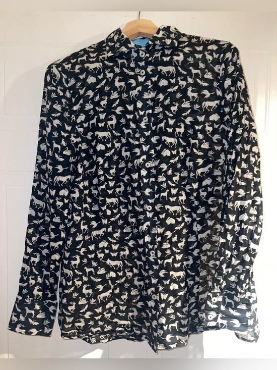 Brigitte von Schönfels Tops - B.S Frankonia Black Sheer Cotton Button-Up Shirt Blouse with White Animal Print